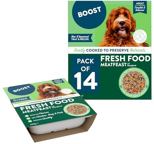 BOOST Frozen Fresh Dog Food Meal Pack - Grain-Free Pet Food for Adult Dogs, Complete Nutritional Meal for Pets, Nothing Artificial - Superfoods Chicken, Beef and Pork, 14 x 400g