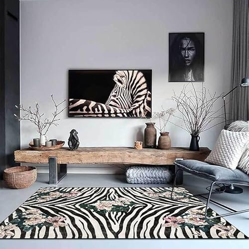 Neuer waschbarer Wohnzimmerteppich, rutschfeste Akzentteppiche, Schlafzimmer-Esszimmer-Flurteppich, weicher Kurzflorteppich, Retro-Zebramuster, Blumenmuster, Rosa, Schwarz, Grau, 120 x 170 cm Learned