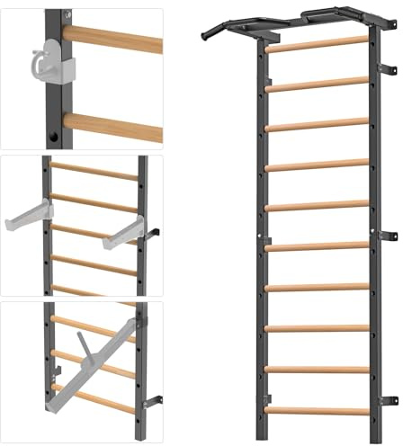Kipika Barre de stalle de gymnastique – Échelle suédoise de 5,1 x 5,1 cm avec trou de 2,5 cm, échelle barre de traction murale suspendue d'entraînement, poignées en bois massif, barre d'entraînement
