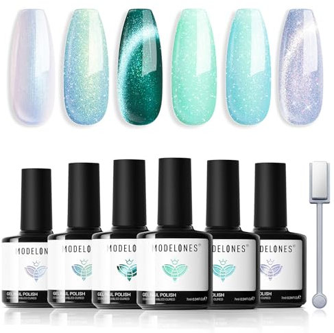 Modelones Cat Eye UV Gel Nagellack Magnet 6 Farbe Gel Nagellack Nail Polish Manicure Soak Off UV Nägel Gellack für Nail Art - Mermaid Serie Grün Blau