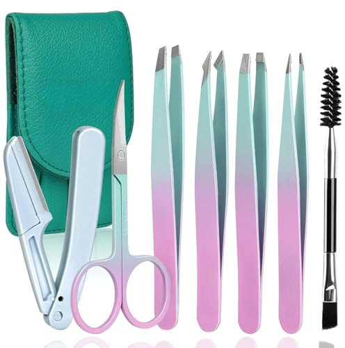GWAWG Pinzetten Set 7PCS Professionelle Augenbrauen Pinzetten, Wimpern Pinzette, Präzisions Tweezers mit Reiseetui, Perfekt für Frauen und Augenbrauen Zupfen