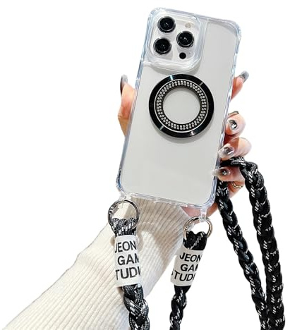 Emlivi Magnetisch Handykette Hülle für iPhone 16 Pro Max Kabelloses Laden Necklace Handyhülle TPU Case mit Kordel zum Umhängen Stoßfest Schutzhülle mit Band für iPhone 16 Pro Max, Schwarz
