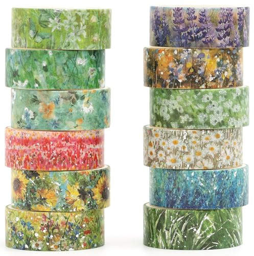 Songdao Blumen Washi Tape Set 12 Rollen Silber Dekoratives Klebeband Bunt für Scrapbooking, Bullet Tagebuch, Planer, Geschenkverpackung (Spring Serenity)
