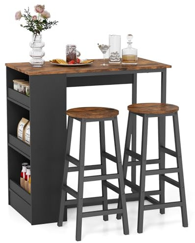 COSTWAY Bartisch mit Barhocker Set, 2 Personen Bartisch Set mit 3 Regalfächern, Tresentisch Küchentisch Set Küchentheke für Wohnzimmer, Esszimmer und Küche, rustikales Braun