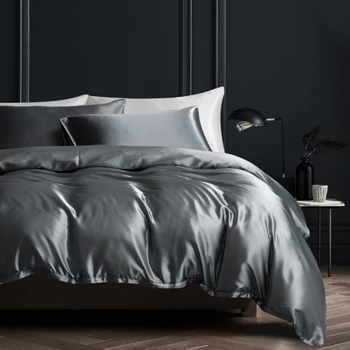 YASMENG Housse de Couette Satin 140x200 Gris Foncé Uni Brillant Deluxe Parure de Lit Satin Doux Lisse Soyeux Soie Linge de Lit 1 Personne avec Fermeture Éclair avec Taie d'oreiller 65x65 cm