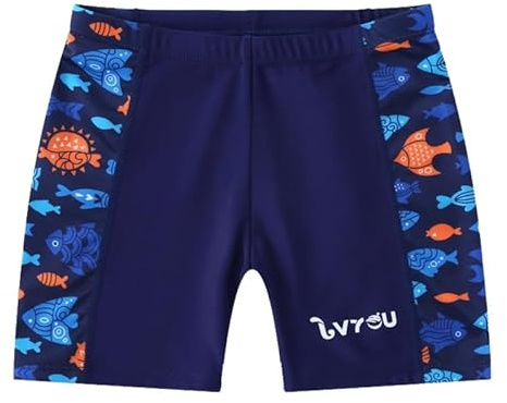 NautySaurs Badbyxor för pojkar högelastisk pojkar marinblå badshorts tropisk fisk snabbtorkande badkläder för stora barn i åldrarna 7-14 år, Blått lapptäcke, 7-8 År