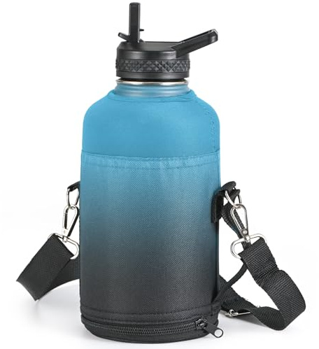 RAYMYLO Water Bottle Holder Carrier Bag Crossbody with Adjustable Shoulder Strap, 64 128 oz Sports Water Bottle Sleeve Accessories for Biking Hiking Travelling Camping, Indigo/Black