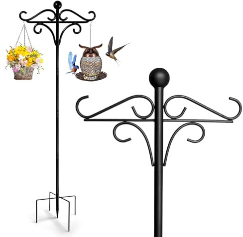 Mangeoire à oiseaux à suspendre, poteaux de 196 cm pour lampes solaires, paniers, station d'alimentation autoportante pour jardin, crochets doubles bergers en métal robuste, noir
