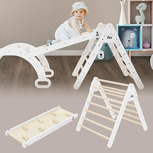Joyz 2in1 Kletterdreieck mit Rutsche, Weiß, aus Holz, Kletterleiter mit Kletterrampe, Pikler Dreieck Art, 2er Set Klettergerüst Indoor für Kinder ab 2 Jahre, Montessori Lernspielzeug Kletterspielzeug