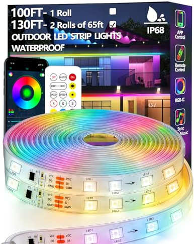 httpsmp 130 piedi (2 rotoli da 65 piedi) Striscia luminosa LED per esterni impermeabile, IP68 RGB+IC Striscia luminosa per esterni con App/telecomando, Modalità Chase, Sincronizzazione con la musica