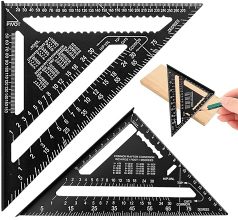 2 Pcs Rafter Square Metric Set, 12 inch & 7 inch Black Metric Triangle Ruler Protractor, Aluminum Carpenters Roofing Square Tool for Woodworking Angle Measuring Marking