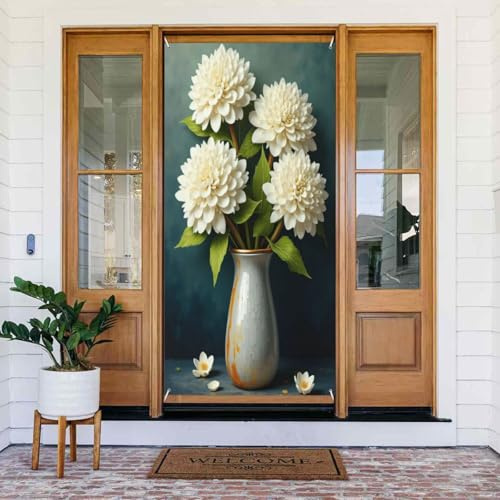 Fundas decorativas para puerta con estampado realista de dalia blanca n.º 14, decoración de pancarta de puerta para interiores y exteriores, primavera, verano, otoño, invierno, Halloween, Navidad