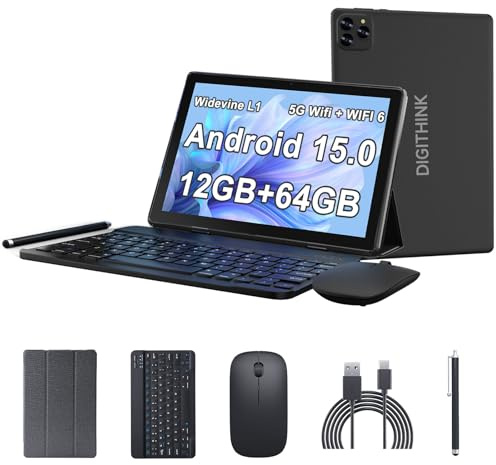 DIGITHINK Tablet Andriod 15 10 Inch 12 (3+9) GB RAM 64GB ROM 2TB Expand,1280 x 800 IPS Screen 5G WiFi 6 BT5.0 Dual Camera,2 in 1 Tablets with Keyboard Case Mouse Stylus 6000mAh Battery (Black)