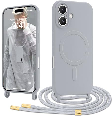 Ethanger Magnetiskt nyckelbandsfodral för iPhone 17 fodral med axelrem [Magsafe-kompatibel] flytande silikonhalsband skyddsfodral för iPhone 17 grå