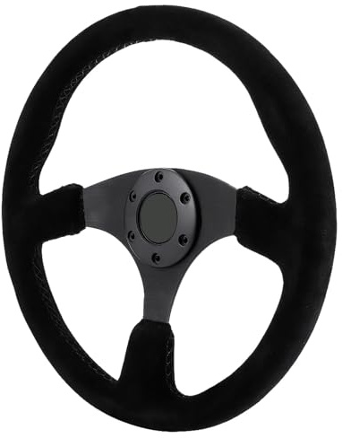 Pretfy Luxurious 6-Screw/Fastener Black Suede Racing Steering Wheel with Horn Button, 350mm/14in Diameter, Best Grip