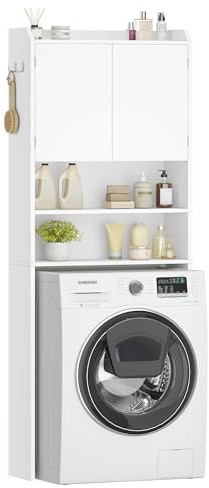 Hzuaneri Huaneri Mobile lavatrice, Mobile sopra lavatrice, con 2 ripiani aperti, Porta WC a doppio battente e ripiano regolabile, Stile moderno minimalista, 24 x 65 x 185 cm, Bianco LR65003X