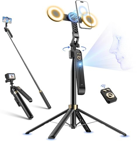 Jeebel Stativ Magnetisch mit Auto Gesichtsverfolgung, 180cm Ausziehbar Selfie Stange mit LED Licht/Gestensteuerung/NO App, Kardanischer Stabilisator Tripod für iPhone Action-Cam DSLR Live Vlog (C12C)