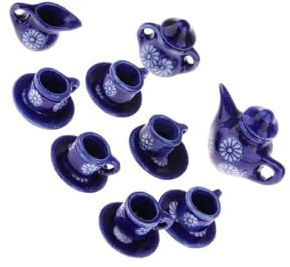Zambuph Service à café/thé Miniature pour Maison de poupée, 15 pièces, Comprenant Tasse, Assiette, Soucoupe et théière en Porcelaine (échelle 1/12).