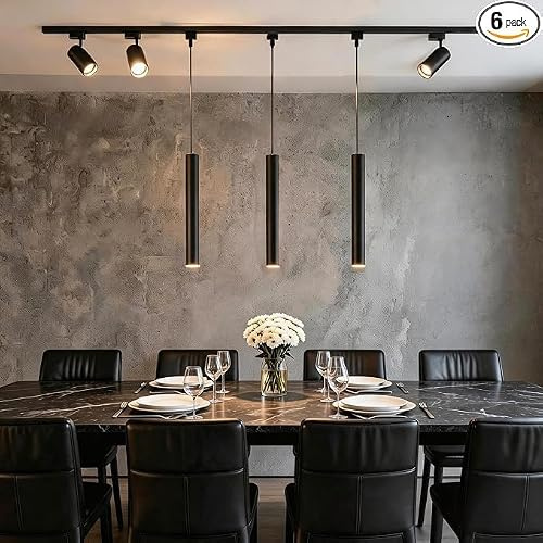 Kitchen Island 6 LED Black Track Pendant & Spot Lighting Kit, 230V 3CCT, 3 Pendant Lights & 3 4000K Spotlights with 3m H-Type Rails, Modern Ceiling Light Fixture for Dining Room Living Room Cafe