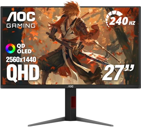 AOC Q27GAZDV Monitor de Juegos OLED de 27 Pulgadas (QD-OLED), 1440p QHD 2560 x 1440, 240Hz, 0,03 ms, HDMI 2.1, Compatible con G-Sync, HDR True Black, Soporte Ajustable en Altura, concentrador USB