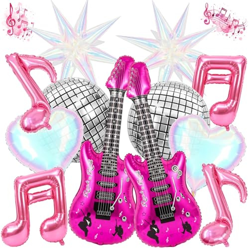 14PCS Disco Party Balloon Set –Pink Purple Guitar, Music Notes, Disco Ball & Shining Star Foil Balloons, Inflatable Decorations for 80s Rock & Roll, K-pop & Dance Birthday Parties