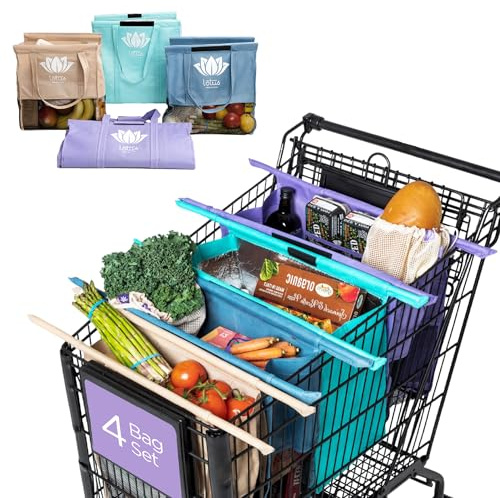 Lotus Original Trolley Reusable Shopping Bags (4-Pack) – Detachable & Reusable Grocery Bags Foldable with Insulated Grocery Bag & Egg/Wine Holder – Washable Shopping Totes to Save Time & Easy Storage