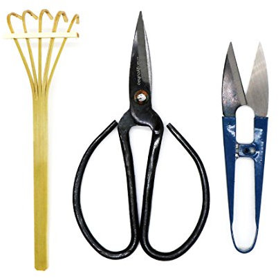 Kebinfen® Bonsai Baum Schere Werkzeug Set - Bonsai Baum Schere, Kräuter Blatt und Knospe Schere, Bambus Rechen - 3er Set