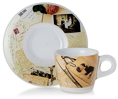 OMADA Set 4 Tazzine da Caffè con Piattino, Capacità 6 cl, in Plastica | 4 Tazze Caffè 6x H 5,5 cm, con Piattini In Plastica, Decorazione Indelebile, Lavabili in Lavastoviglie