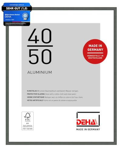 DEHA Design Aluminium Bilderrahmen Boston, 40 x 50 cm, Grau | Aluminium Posterrahmen im Hoch- & Querformat zum Aufhängen Grau glänzend bruchsicheres Kunstglas