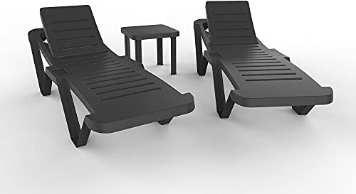 Resol garbar Master-Andorra Set 2+1 Tumbona-Mesa Auxiliar Exterior | jardín, terraza, balcón, Playa, Piscina | diseño, Ligero, apilable, reclinable, Ruedas, Posavasos | Antracita