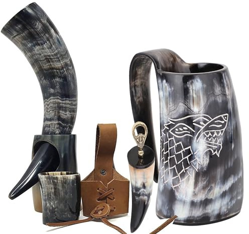 Brainmart Viking Drinking Horn Mug & Cup Set | 6-Piece Collection with 16oz Dire Wolf Engraved Mug, Shot Glass, Bottle Opener, Leather Strap, Drinking Horn & Stand | Norse Gift for Men
