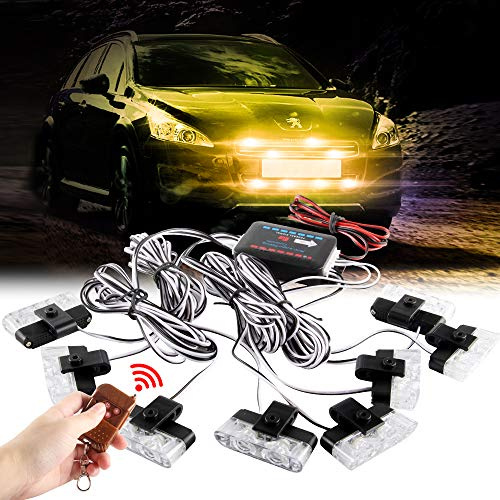 Sidaqi Jaune 16 LED Grille Stroboscope Feux D'avertissement Dash Deck Visor Police Flash Lights Voiture Camion Ambulance Lumières Stroboscopiques d'urgence avec Télécommande sans Fil 12V