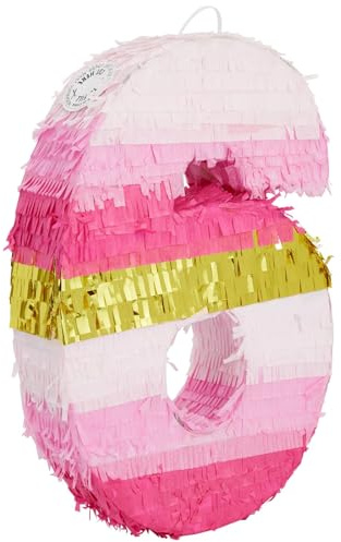 Piñata en forme de chiffre 6 pour décoration de fête d'anniversaire de fille Rose et doré Taille S 41,9 x 27,9 cm