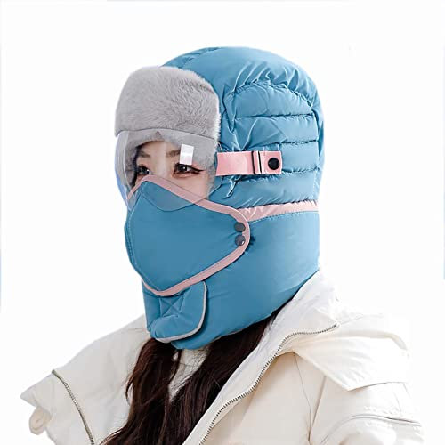 Winter Fliegermütze Bomber Hut für Damen,3 in 1 Bombermütze Trapper Mütze Winddicht Warm Wintermütze mit Ohrenklappen Skifahren Hut für Snowboarden Skaten Radfahren,Blau