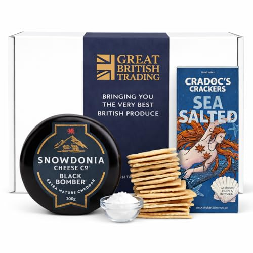 Great British Trading - Cheese and Crackers Gift Hamper with 200g Snowdonia Black Bomber Cheese and 80g Cradocs Sea Salted Crackers. British Gifts Box Ideal for Any Occasion