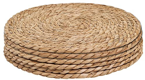 Defined Deco Woven Placemats Set of 6,12 Round Rattan Placemats,Natural Hand-Woven Water Hyacinth Placemats,Farmhouse Weave Place Mats,Rustic Braided Wicker Table Mats for Dining Table,Home,Wedding.