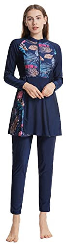 OBEEII Muslimische Bademode, 3-teilige Bademode Modest Islamic Burkini Surf Suit Sunscreen UPF 50+ Beachwear Built in Bra Full Cover Muslim Swimsuits Navy C L