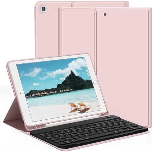 aoub Tastatur Hülle für iPad 9./8./7. Generation 10,2 Zoll 2021/2020/2019 | Kabellose QWERTZ Tastatur Hülle mit Stifthalter für iPad 10,2 9/8/7 Gen, Magnetisch Abnehmbarer Tastatur, Rosa