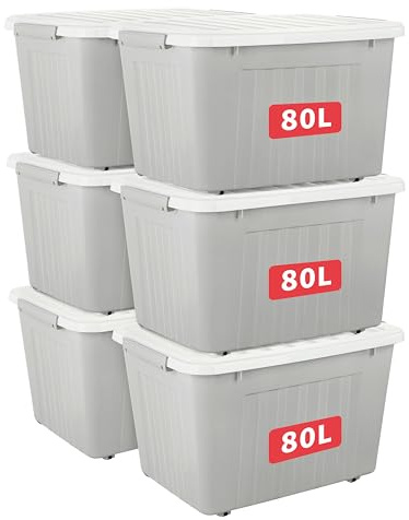 Cetomo 80L*6 Cajas de Almacenamiento con Tapas, Contenedores de Plástico con Ruedas, Clip On, Apilables, Encajables, Organizador Rayado para Oficina en Casa, Gris, 80L-6 Pack