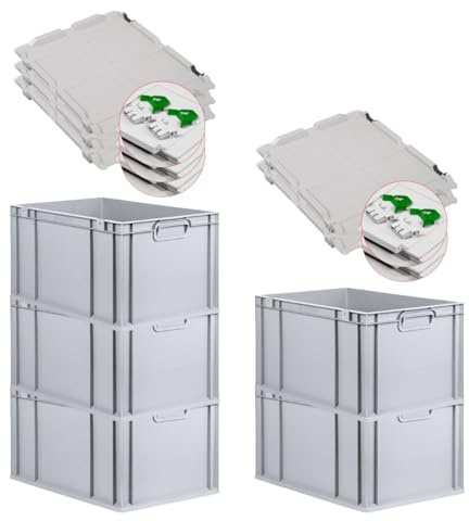 PROREGAL SuperSparSet 5x Eurobox NextGen Economy mit Scharnierdeckel & grünen Verschlüssen | Griffe geschlossen | HxBxT 32x40x60cm | 65 Liter | Eurobehälter Transportbox Transportbehälter