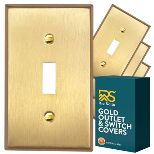 Rio Salto Cubiertas de latón dorado para interruptor de luz, paquete de 4 unidades, tamaño estándar, placa de pared para interruptor de palanca individual, placa de pared decorativa dorada de 1 banda,