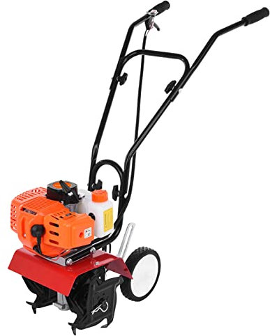 Shienfir 52CC Garden Petrol Tiller, 2 Strokes Lawn Soil Cultivator Rotovator Engine 9000RPM 1.2L Fuel Tank Working Depth Digging Garden Mini Tiller Orange