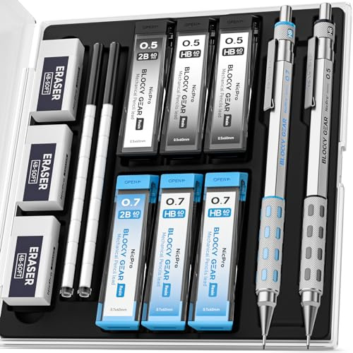 Nicpro 2 Stück Blocky Gear Metall Druckbleistifte Set mit Etui, 0,5 mm & 0,7 mm Bleistift mit 6 Röhren (360 Stück) Minen (HB 2B), 3 Radiergummis, 18 Radiergummi-Minen für Kunst Skizzieren Zeichnen