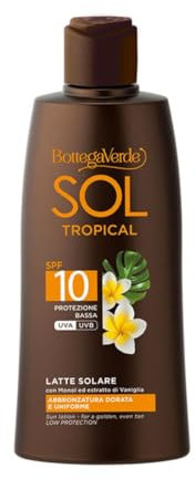 Bottega Verde - Latte Solare SOL Tropical SPF 10, 200 ml, con Monoï, Estratto di Vaniglia e Olio di Argan, Protegge e Dona un’Abbronzatura Dorata, Texture Vellutata, Profumo Fiorito Tropicale