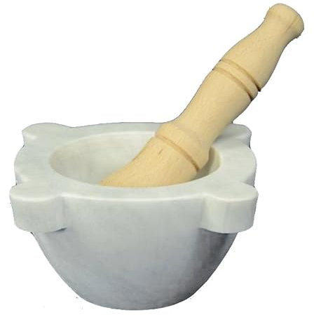 Mortaio tipo genovese in marmo bianco di Carrara con pestello di legno - Cm 16