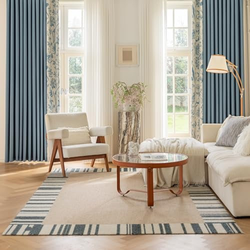 Whoiy Patio Door Curtains 45 Inch Long, Patchwork Blue Blackout Curtains 2 Piece Chenille Grommet Modern Curtains with Flower Printed, 34W x 45L Inch