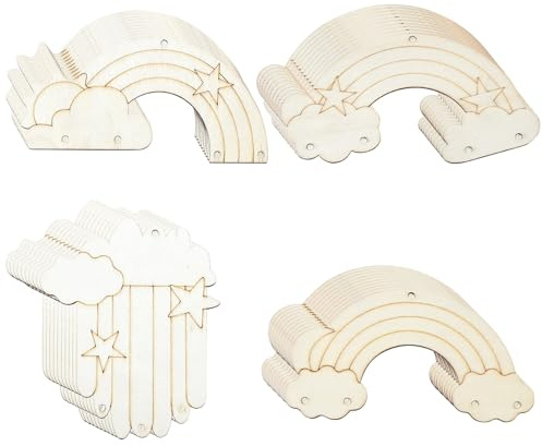 Stiesy 40 Stück unlackierte Holz-Bastelanhänger, Ornament für Heimhandwerk, hängende Dekorationen, Regenbogen mit Wolkenform, Holzausschnitte, blanko, Holzstücke für Türhänger, Party, DIY Handwerk
