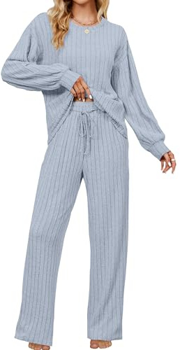 Blooming Jelly Womens Cute 2 Piece Pajama Sets Soft Long Sleeve Sleepwear Drawstring Crew Neck Loungewear (M, Blue Grey)