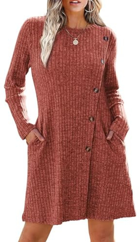 Yeenily Vestido Punto para Mujer Cuello Redondo Vestidos Suéter Elegante Vestido de Jersey Manga Larga A-Line Casual Túnica Vestidos para Otoño Invierno (Ladrillo Rojo, S)
