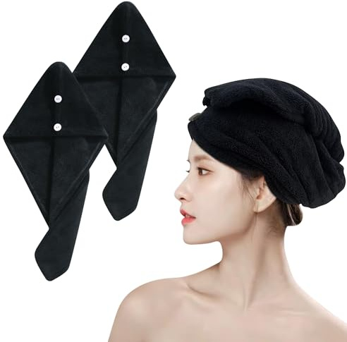 xnicx Paquete de 2 toallas de microfibra para el cabello, turbantes superabsorbentes con botones para cabello largo y húmedo, toalla de secado rápido para mujeres y niños, 25 x 65 cm (negro)